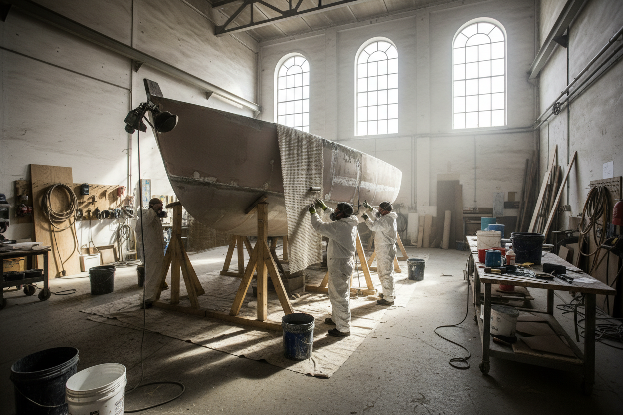 boat yard building a boat with fibreglass