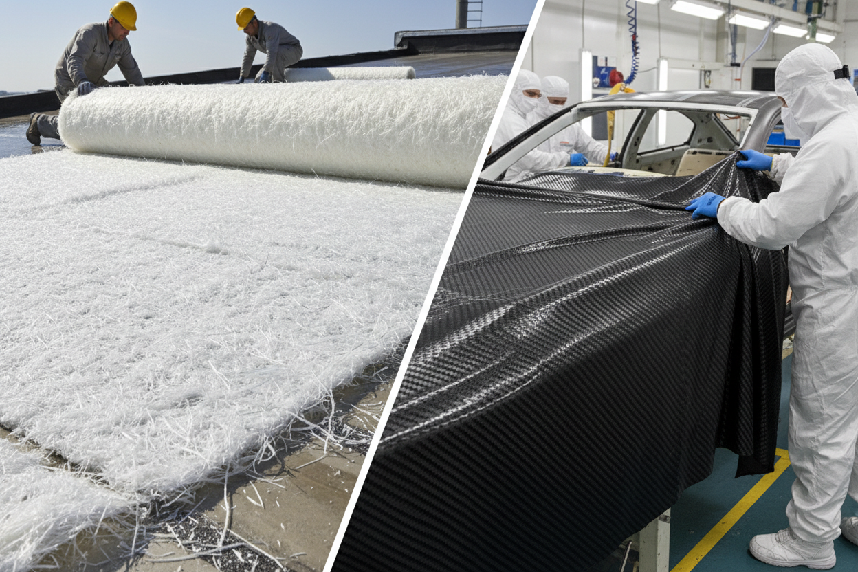 please re create the left image of the fibre glass to be more realistic to the material chopped strand mat that is a product of strands of fibre.