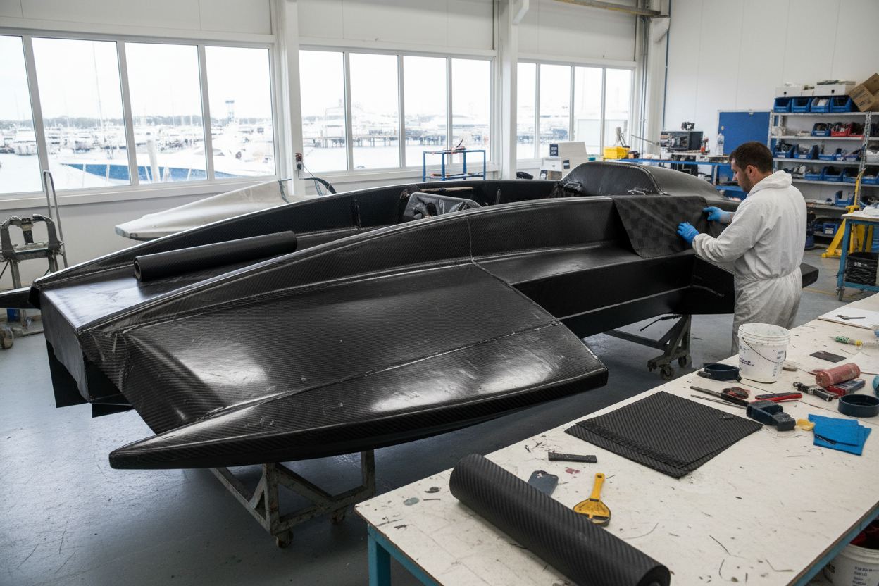 Woven Carbon Fibre Fabrics being used in marine boat construction like a f1h20 race boat 
